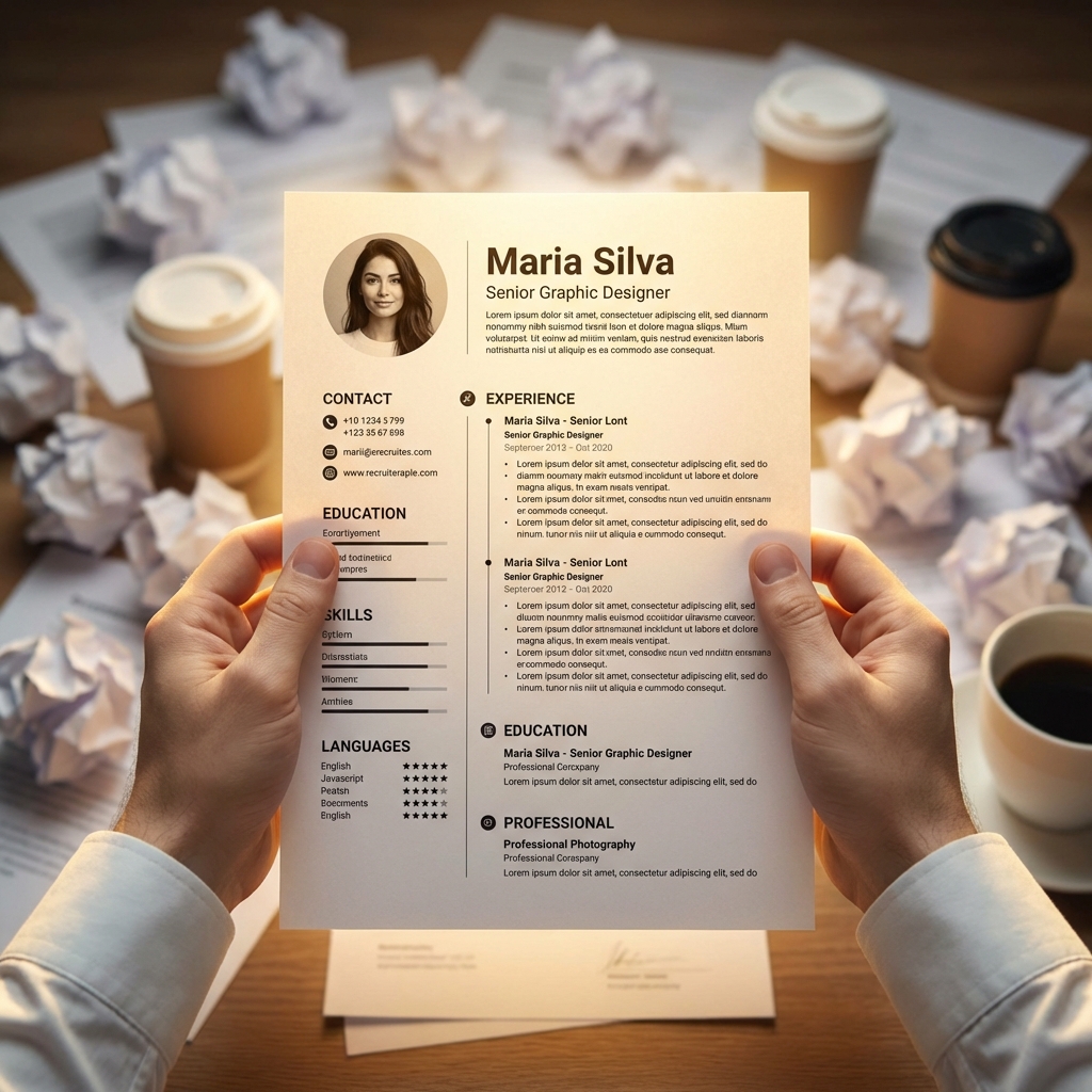 Visão do recrutador segurando o currículo perfeito