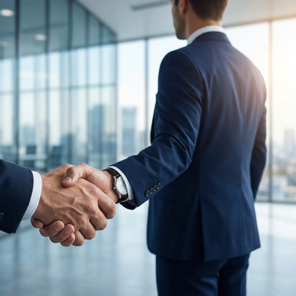 Aperto de mão firme em escritório moderno